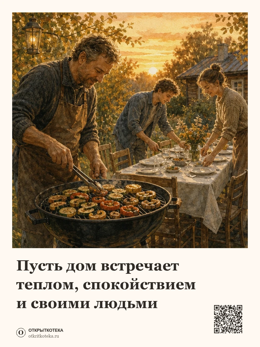 Отец готовит семейный ужин в саду на закате