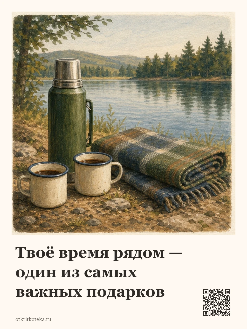 Термос и две кружки у спокойного озера