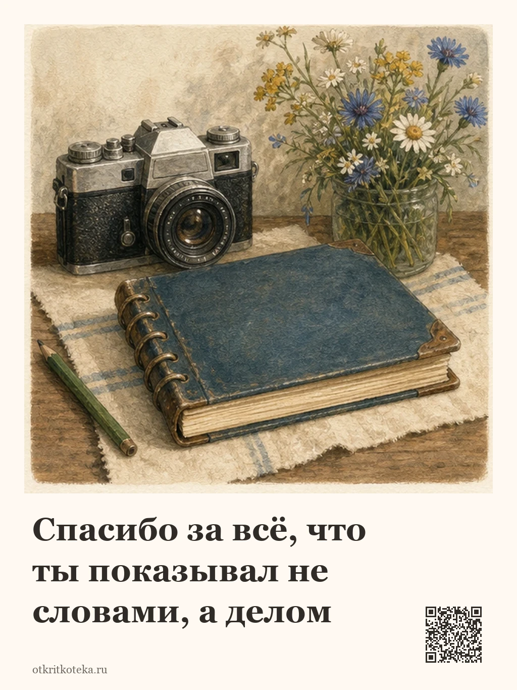 Старый фотоаппарат, альбом и полевые цветы