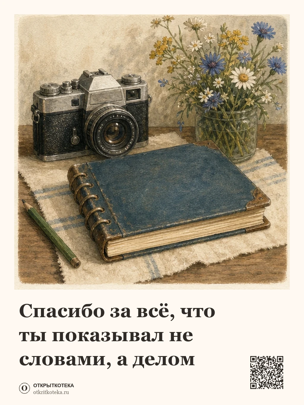 Старый фотоаппарат, альбом и полевые цветы