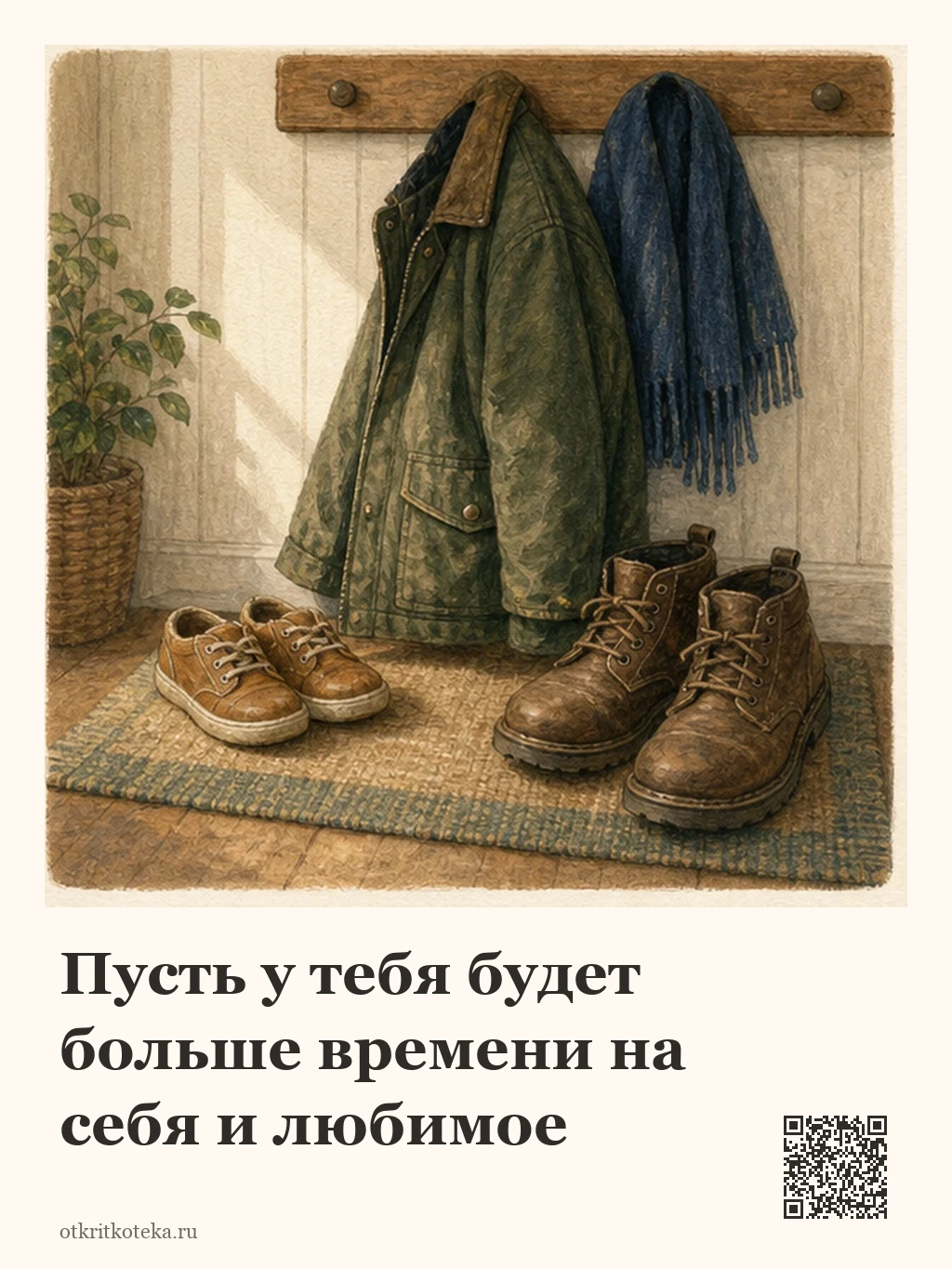 Большие и маленькие ботинки рядом с курткой в прихожей