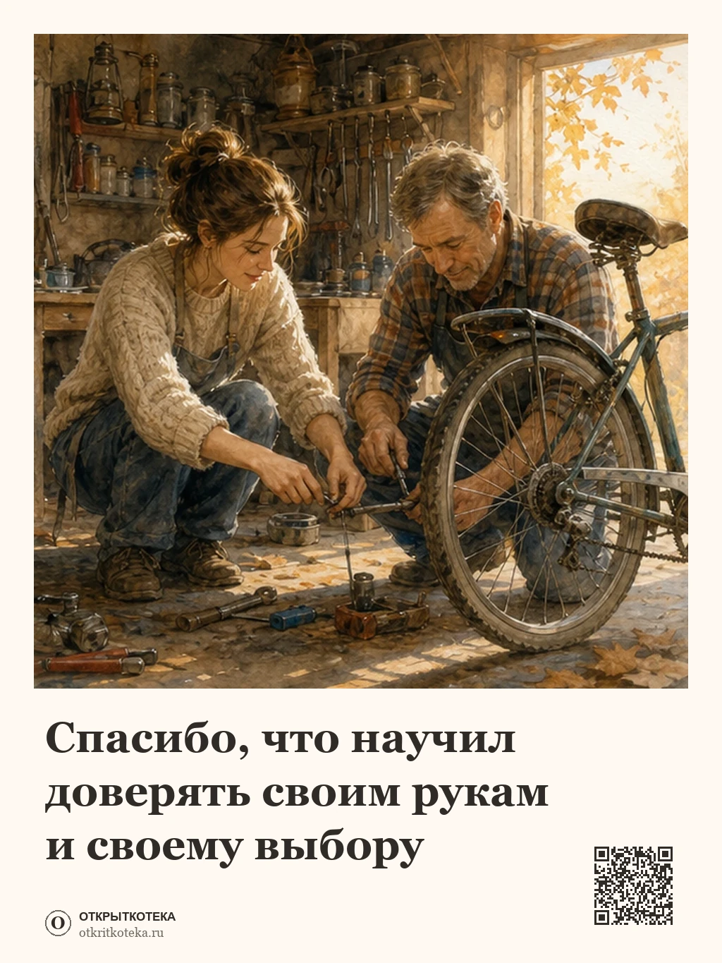 Отец и взрослая дочь чинят велосипед в солнечной мастерской