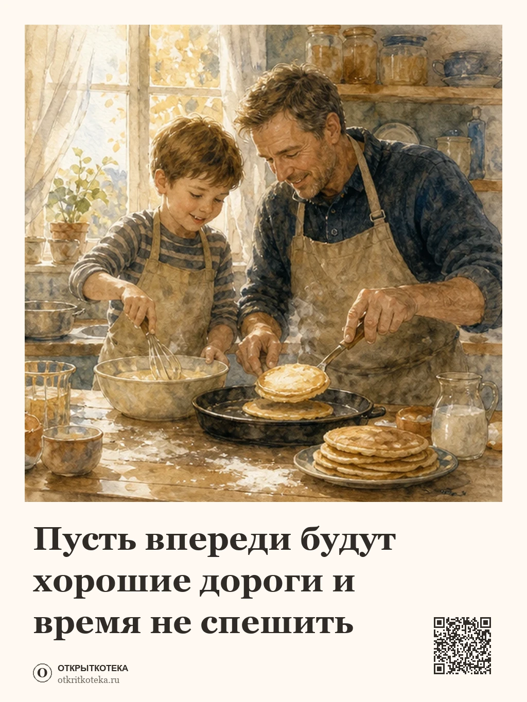 Отец и сын готовят завтрак на уютной кухне