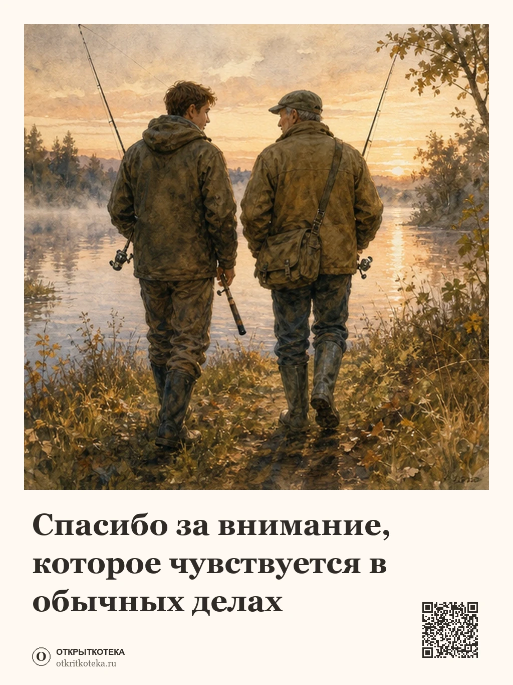 Отец и взрослый сын идут с удочками к реке на рассвете