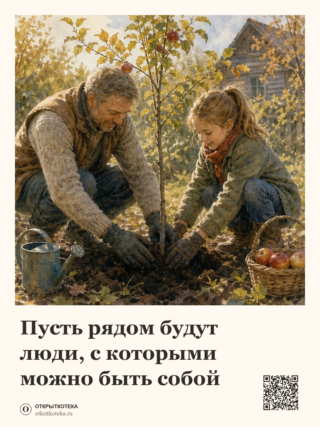 Отец и дочь сажают яблоню в осеннем саду