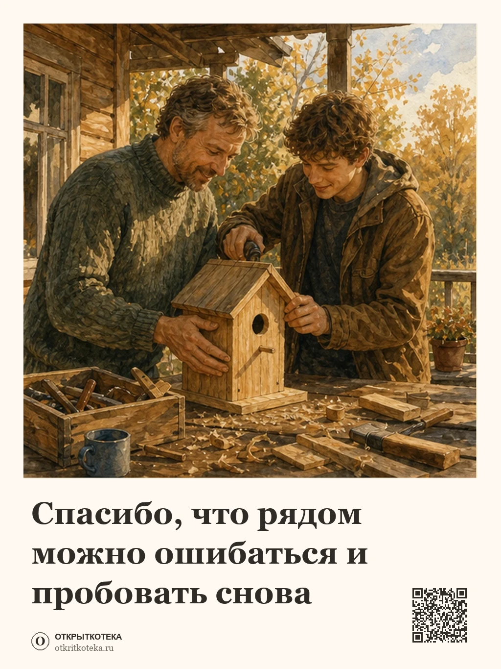 Отец и подросток собирают скворечник на деревянной веранде