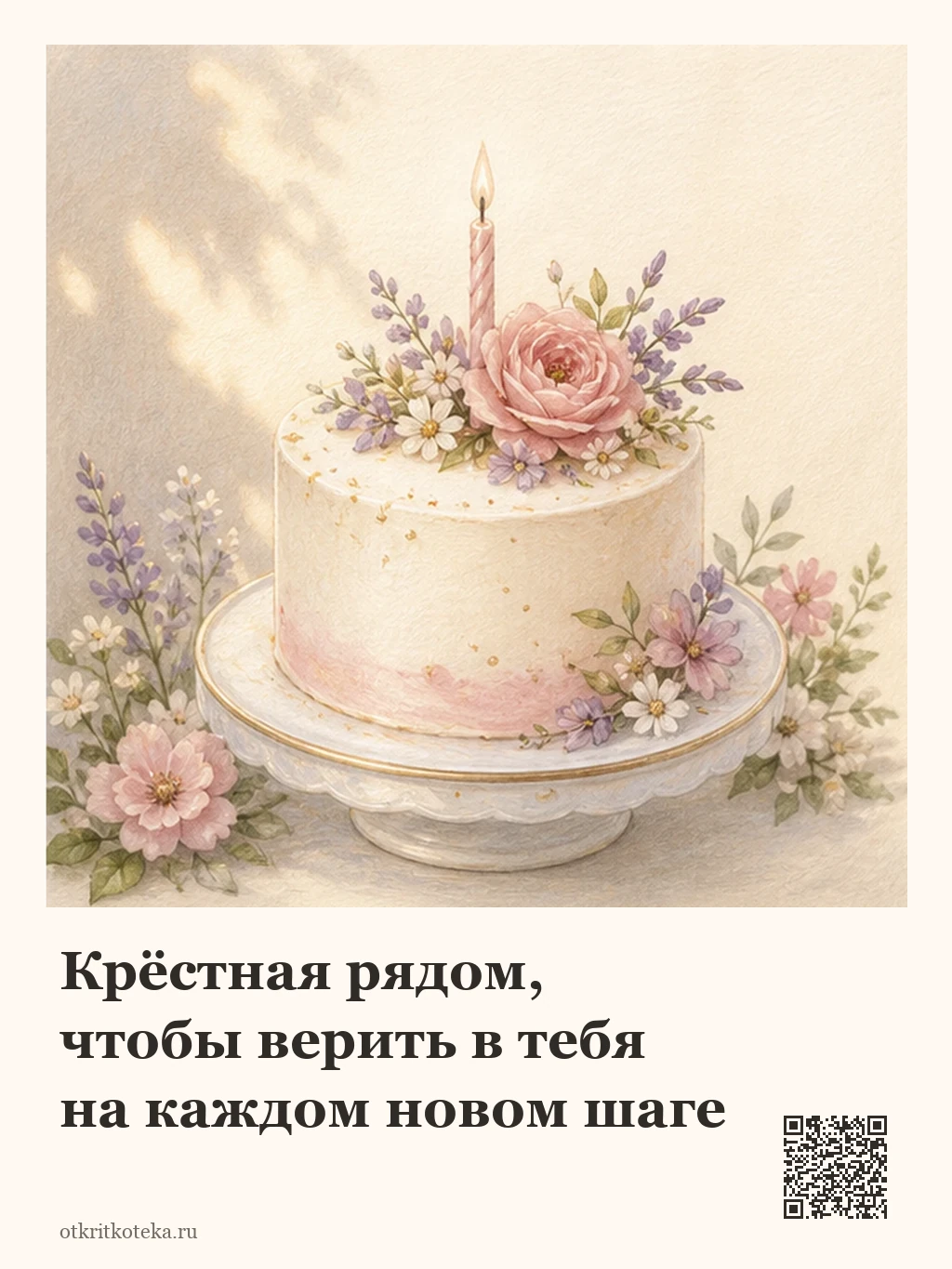 Нежный праздничный торт со свечой и цветами