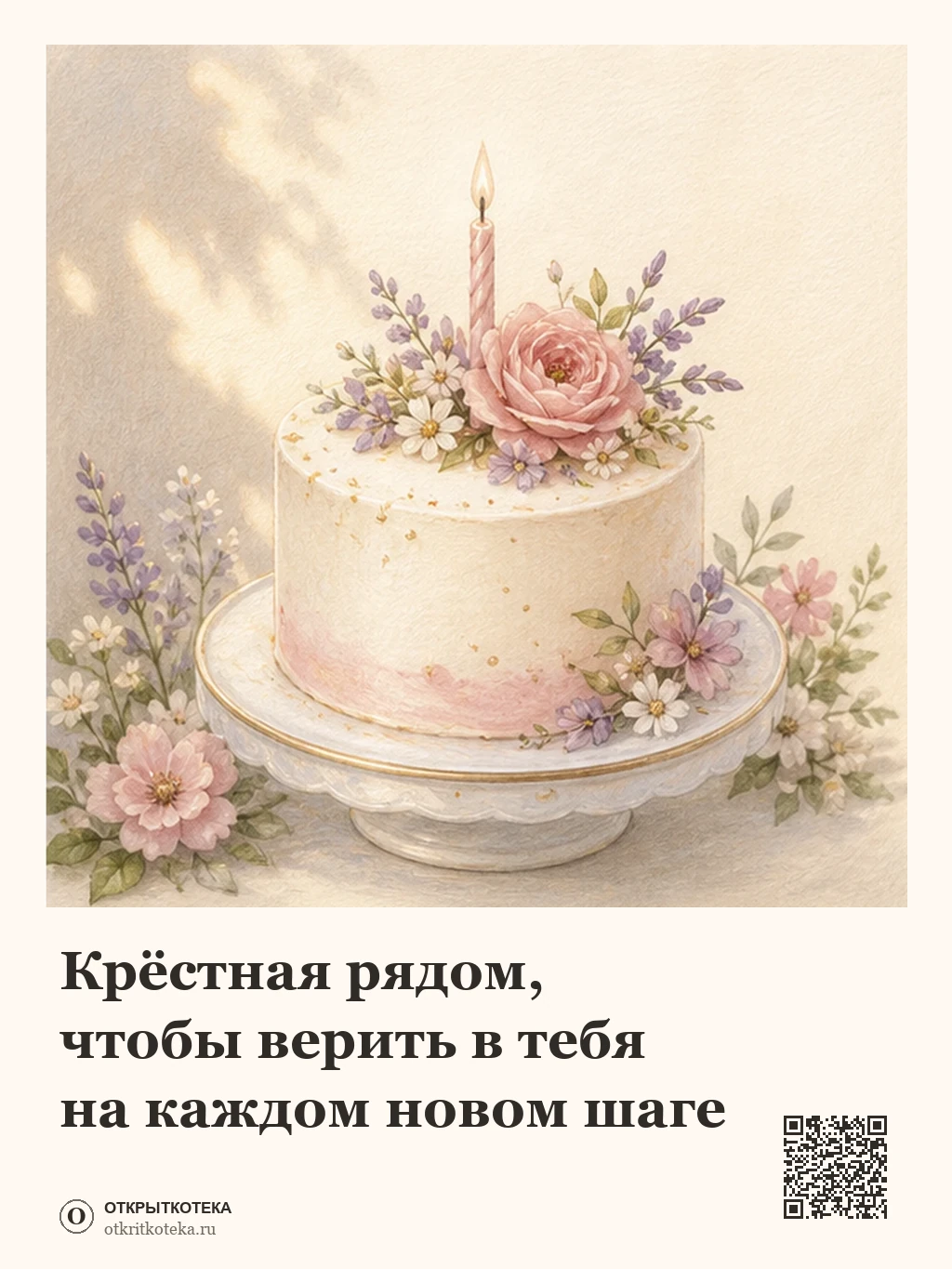 Нежный праздничный торт со свечой и цветами