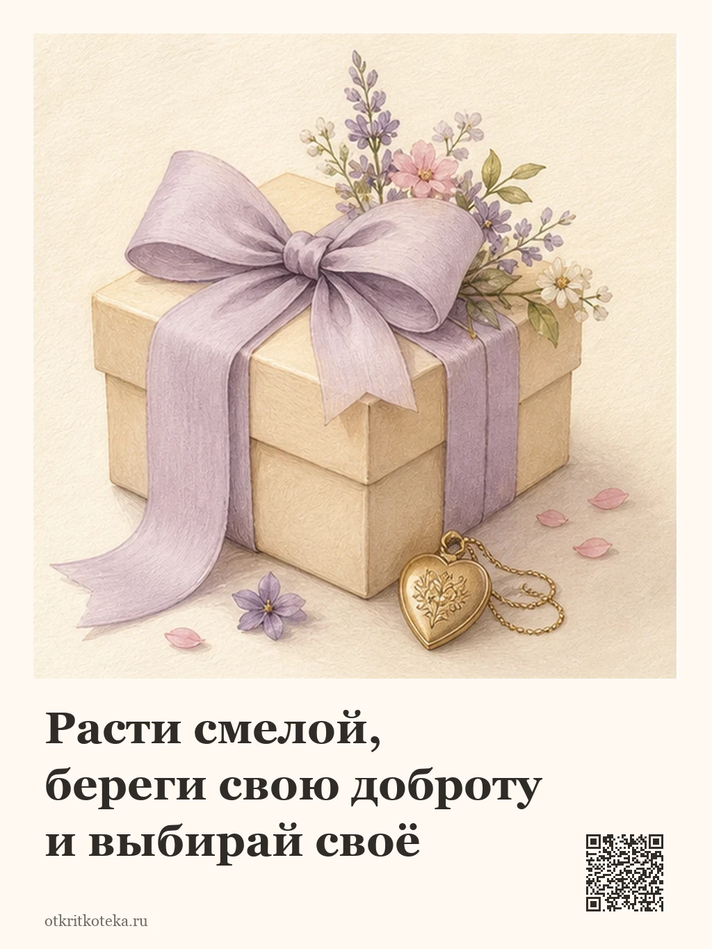 Подарок с сиреневой лентой и памятным медальоном