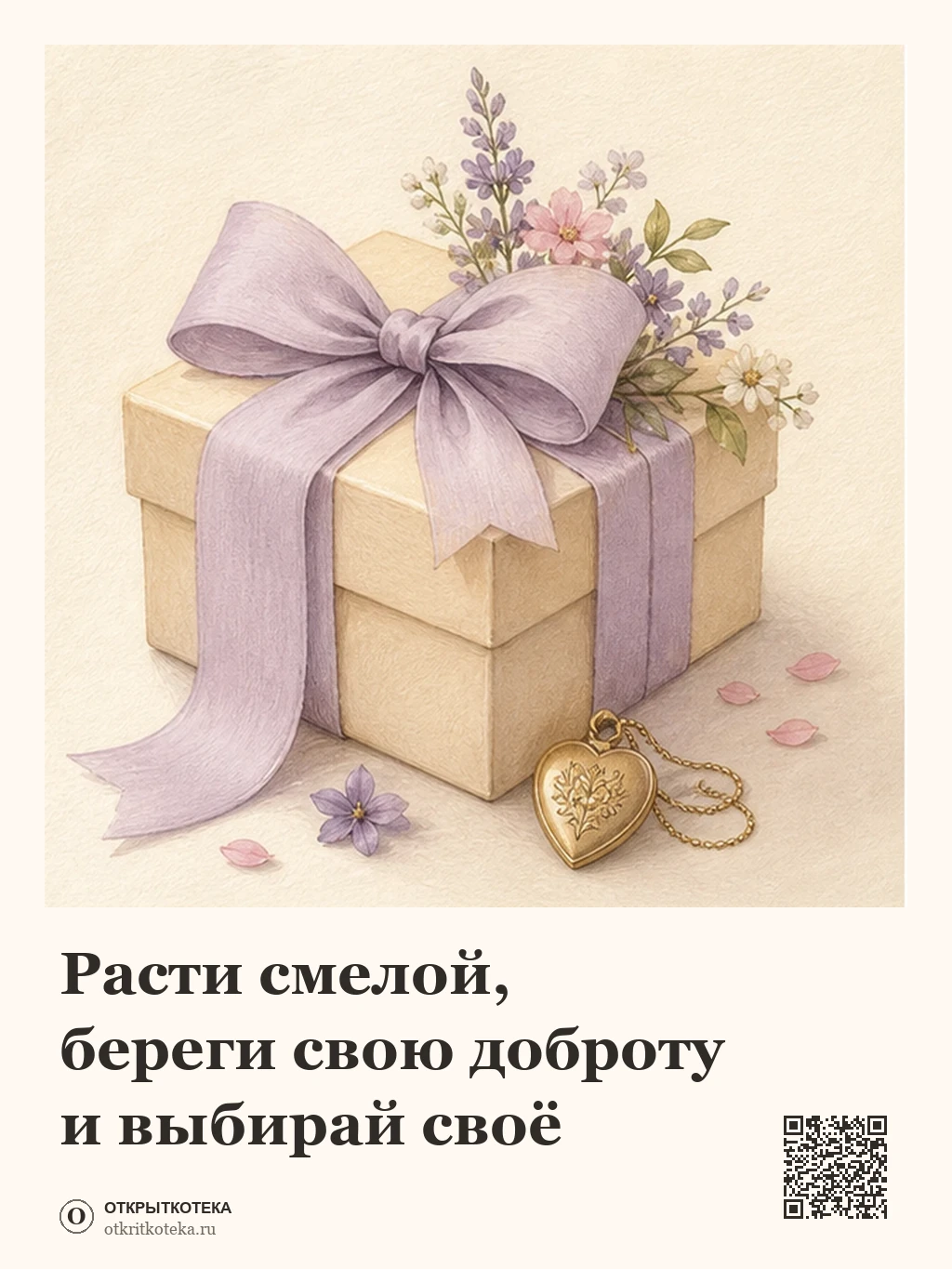 Подарок с сиреневой лентой и памятным медальоном