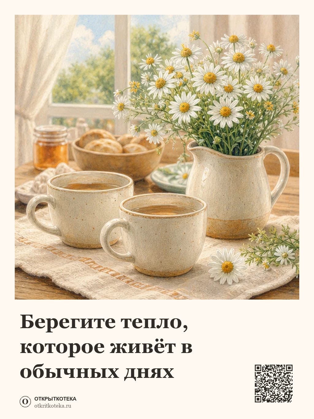 Две чашки и ромашки на семейном столе