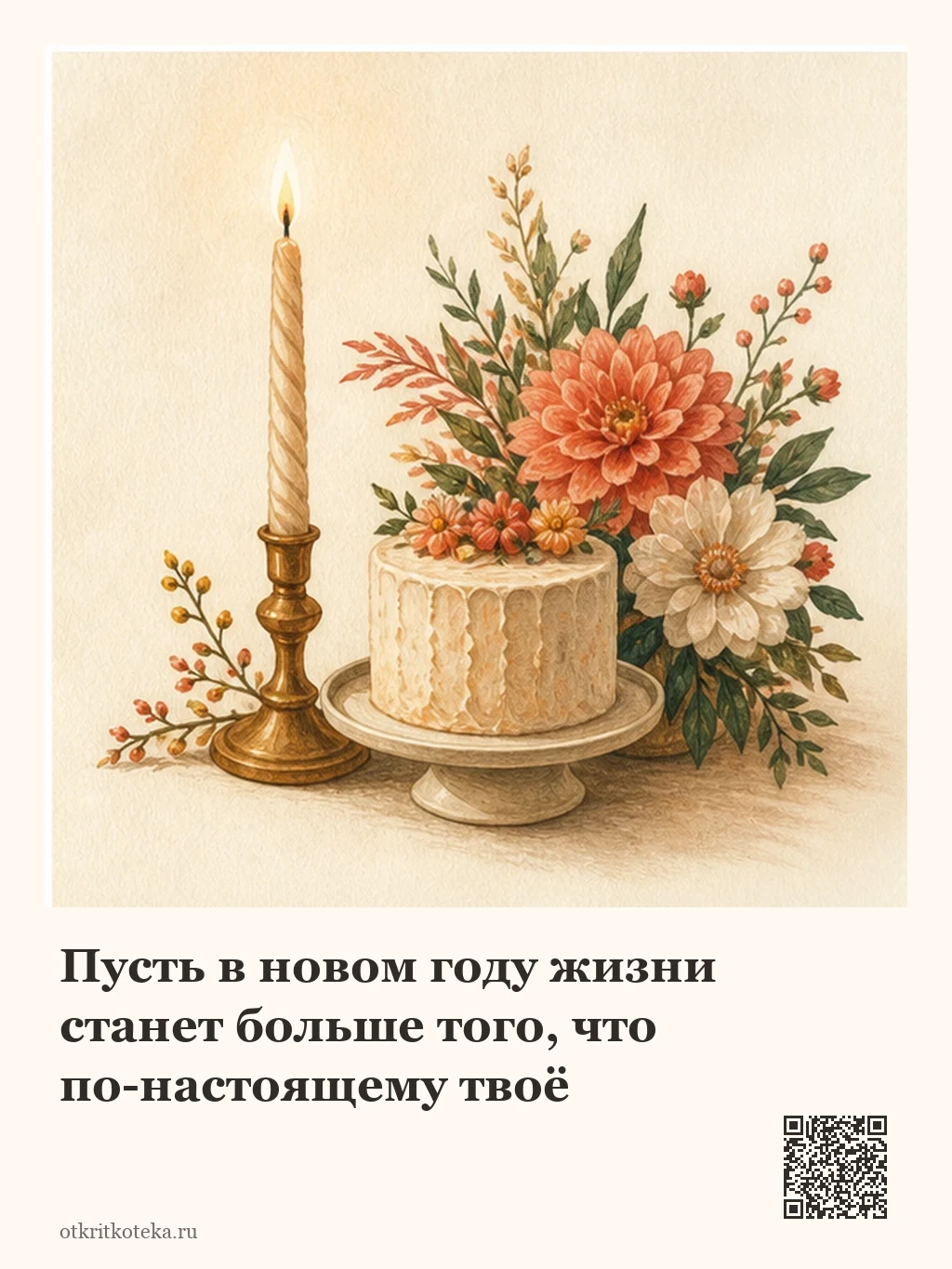 Свеча, небольшой торт и цветы