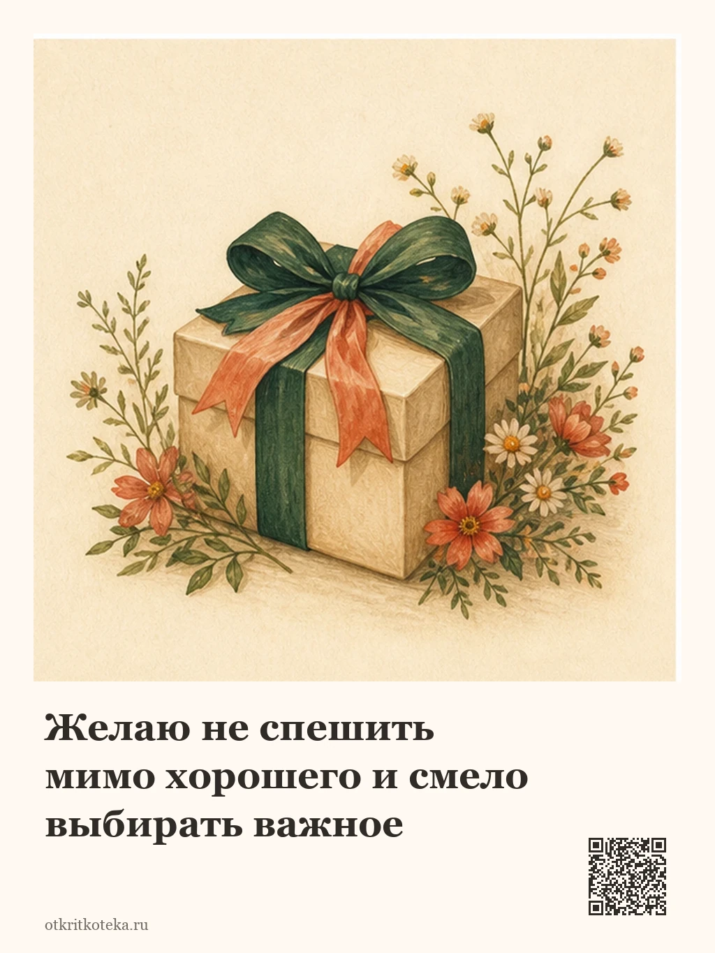 Подарок с зелёной и коралловой лентами