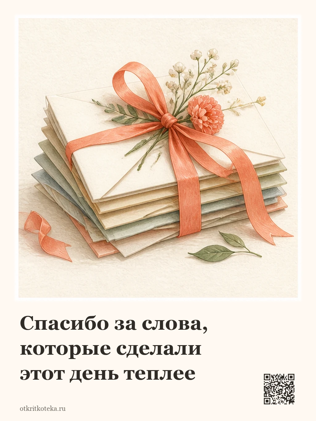 Стопка праздничных конвертов с коралловой лентой