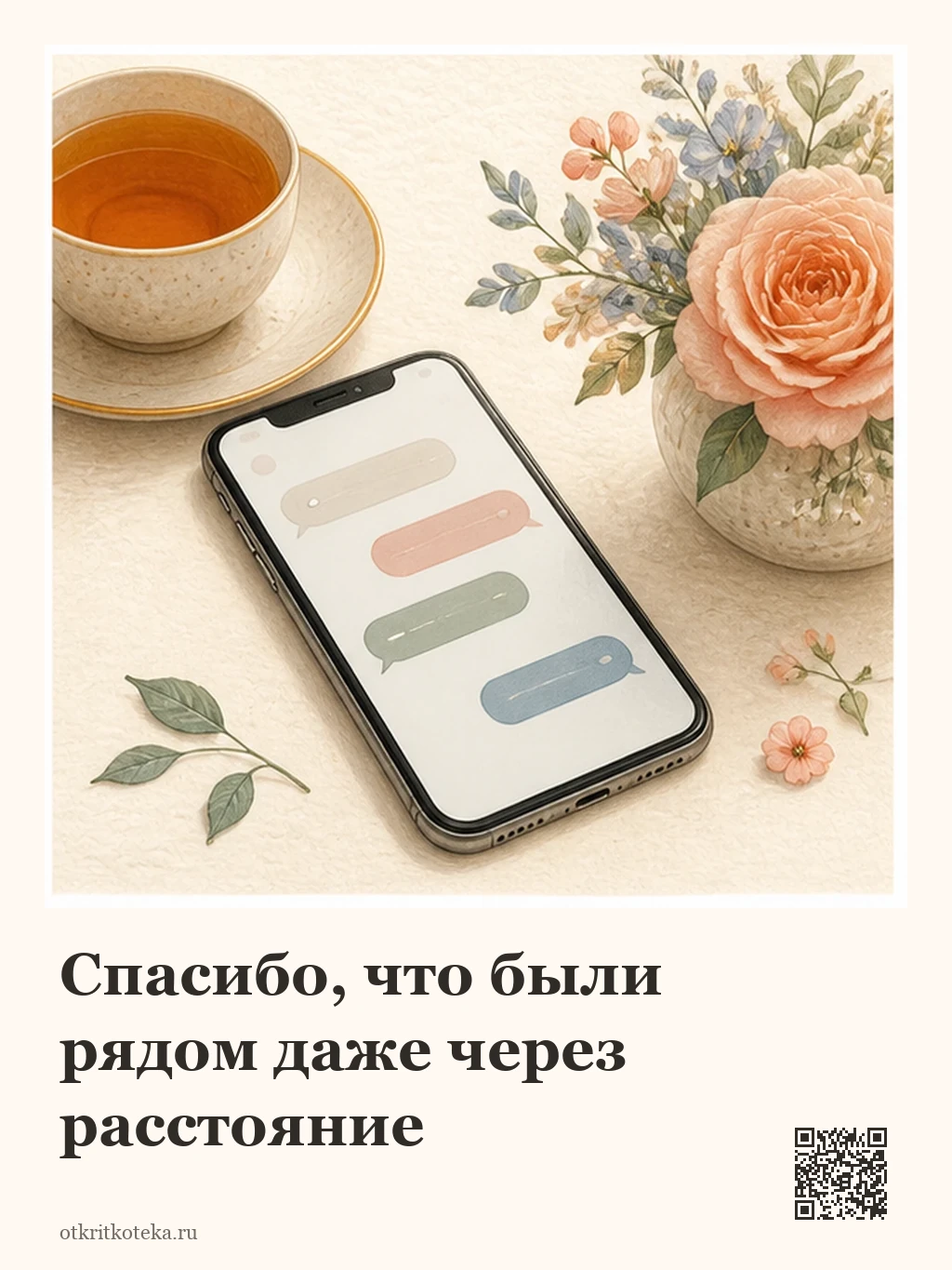 Телефон с условными сообщениями рядом с чаем и цветами