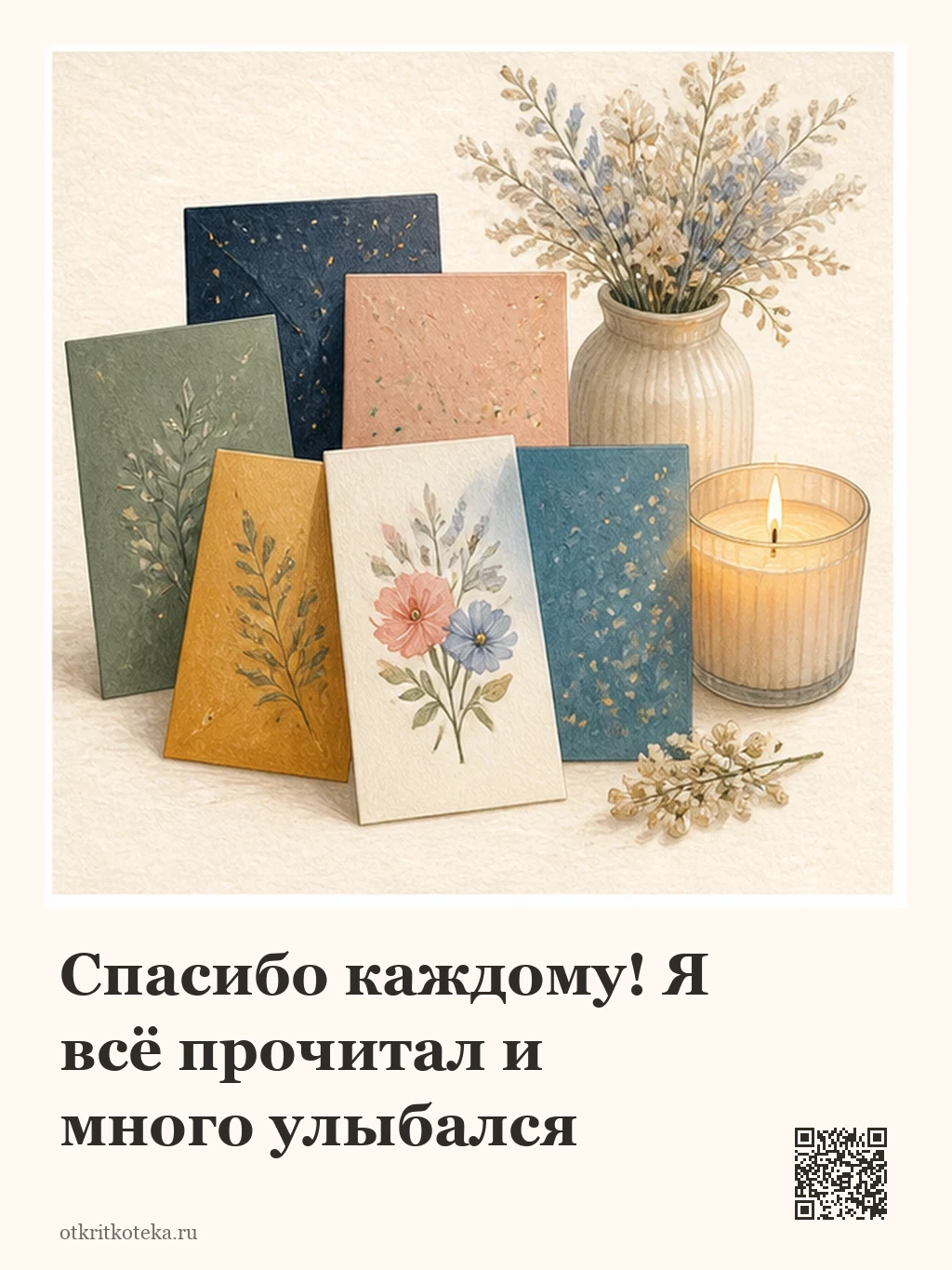 Праздничные открытки, свеча и ваза с цветами