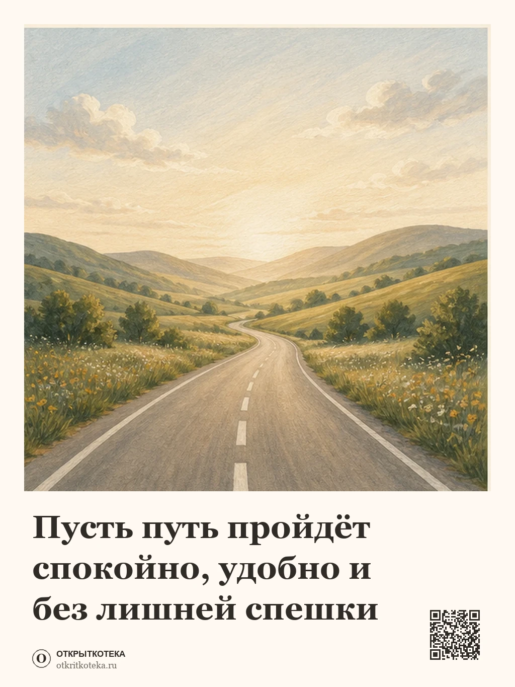 Дорога ведёт через холмы к светлому горизонту