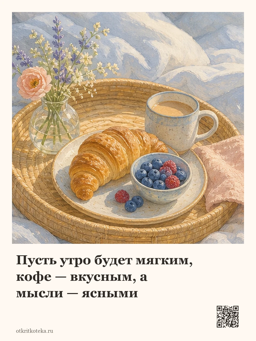 Завтрак с круассаном и ягодами на подносе