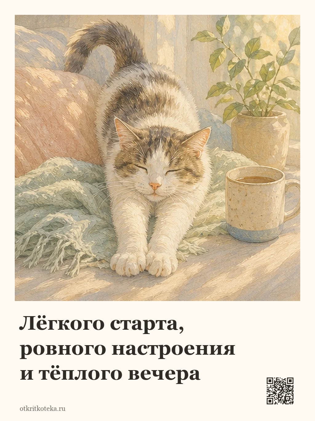 Кот потягивается рядом с утренней чашкой