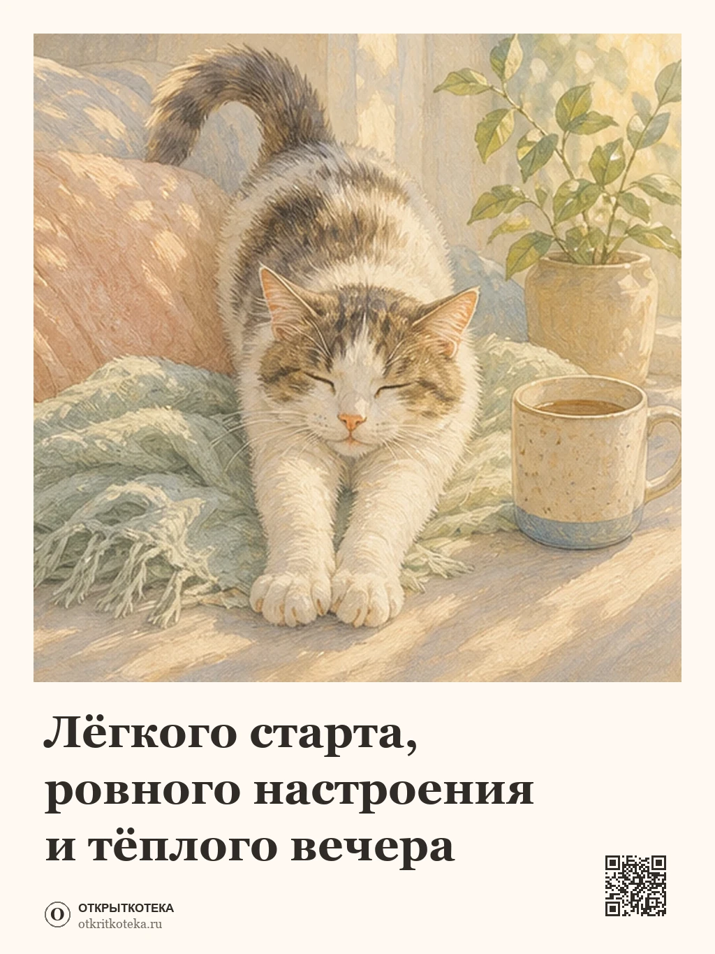Кот потягивается рядом с утренней чашкой