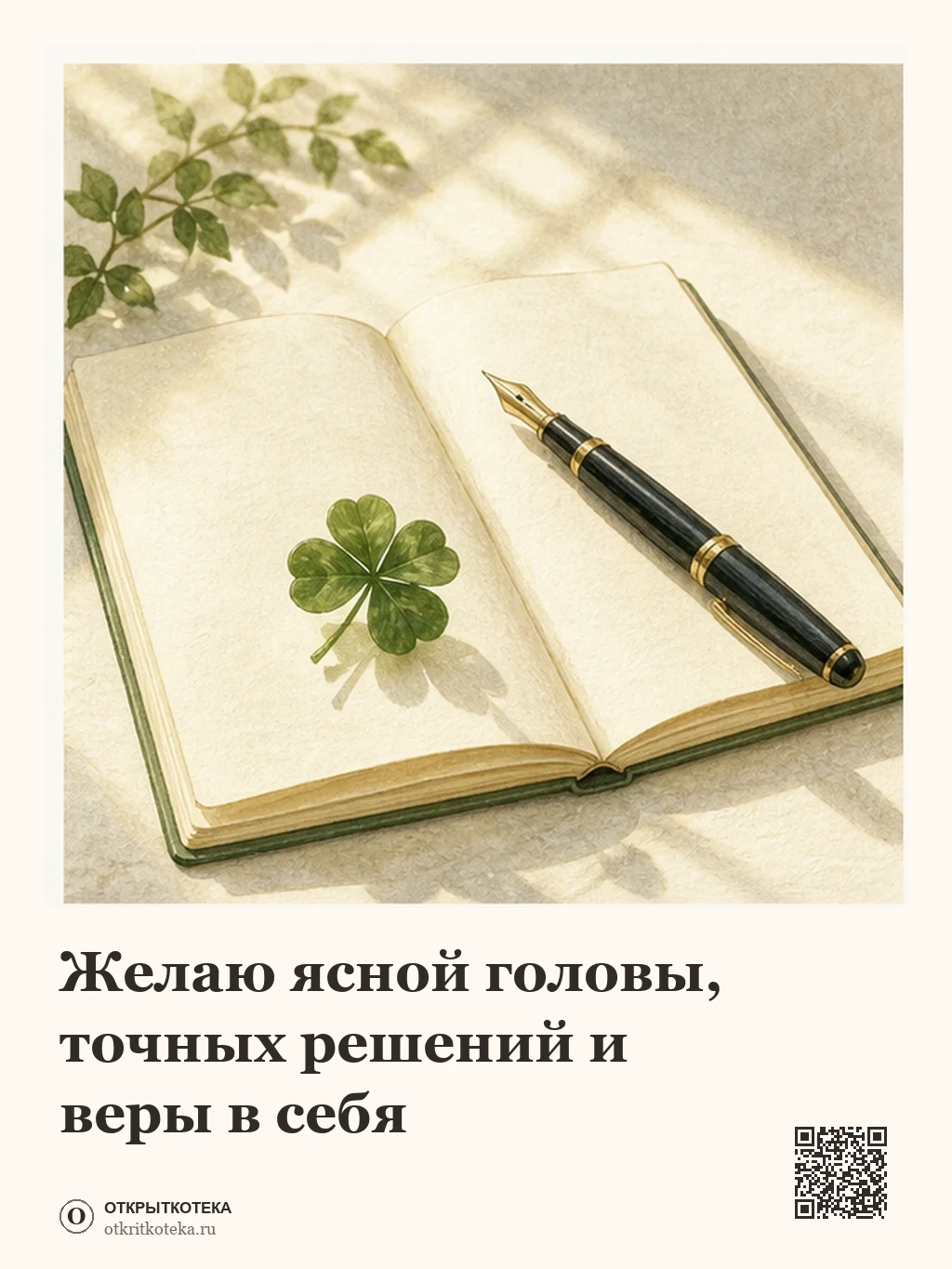 Блокнот, ручка и четырёхлистный клевер в солнечном свете