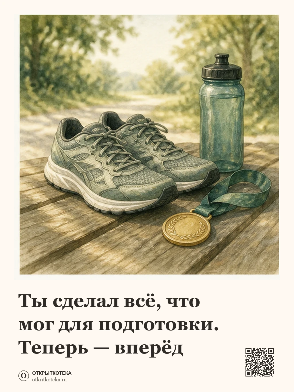 Беговые кроссовки, вода и медаль перед стартом