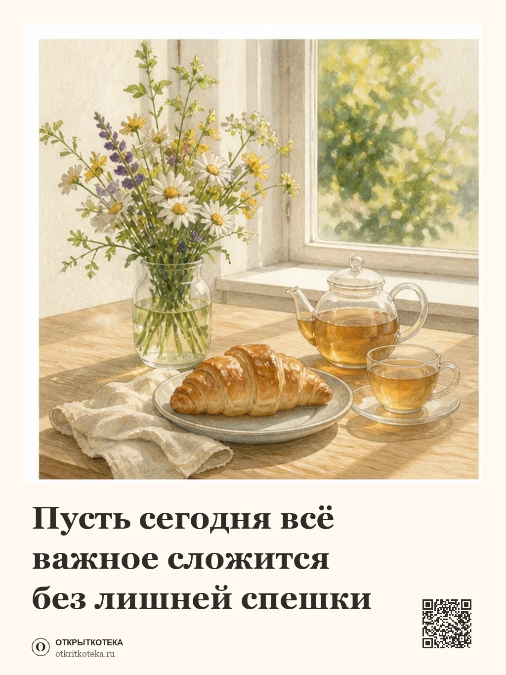 Солнечный завтрак у окна с цветами и чаем