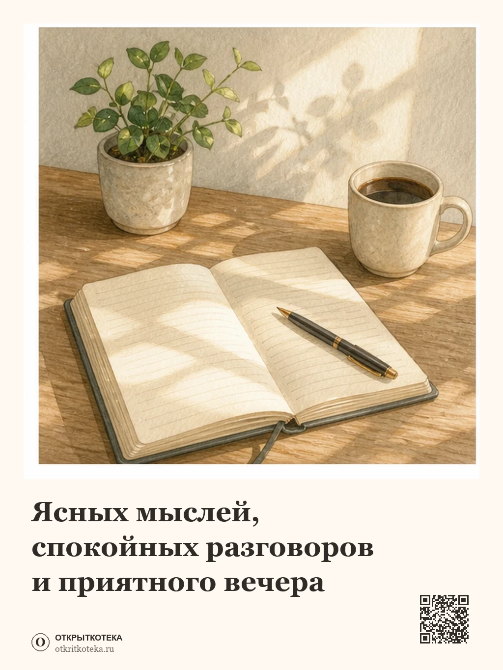 Блокнот, кофе и растение на рабочем столе