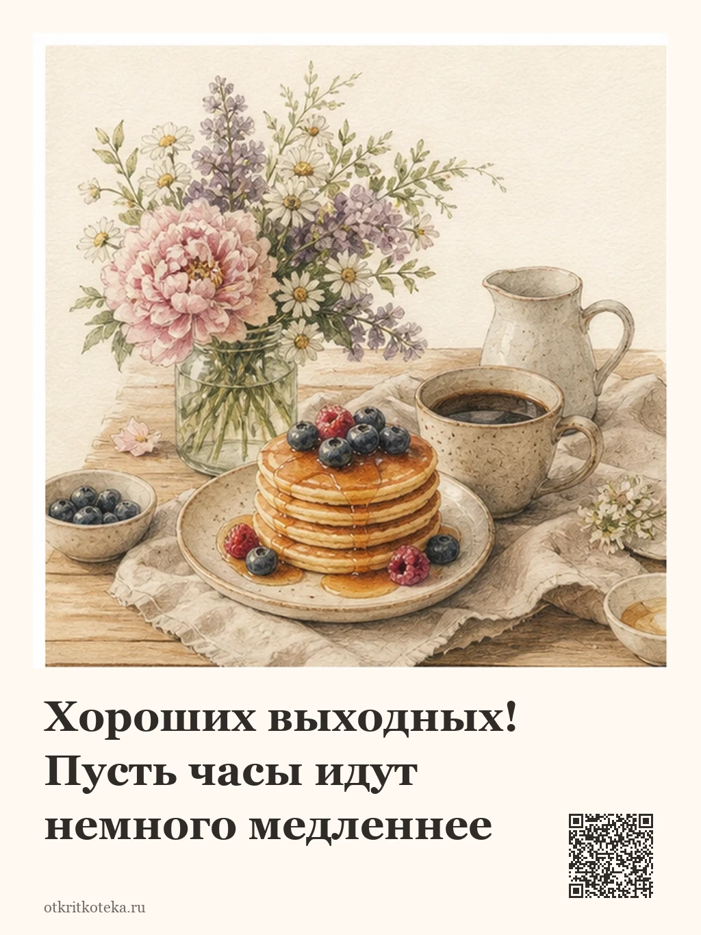 Медленный завтрак с панкейками, ягодами и цветами