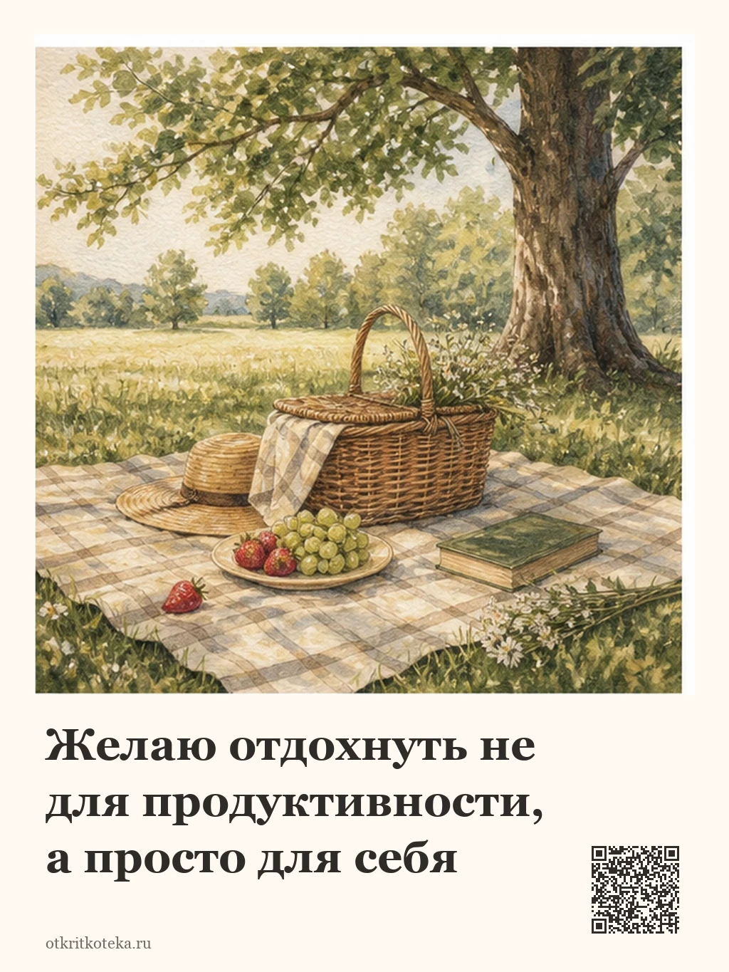 Пикник с корзиной, книгой и фруктами под деревом
