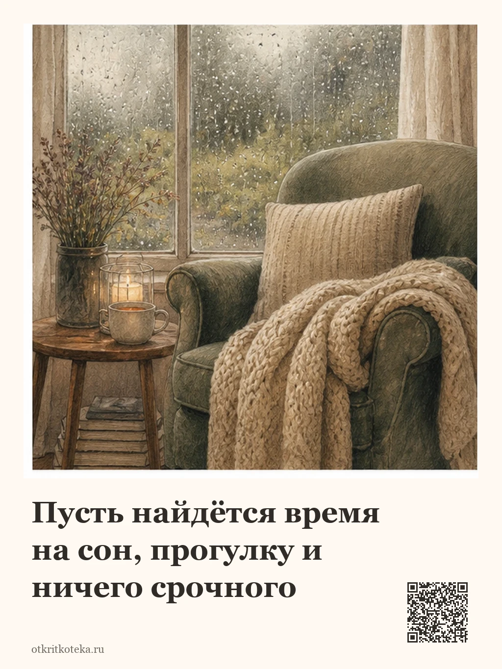 Кресло с пледом и чаем у дождливого окна