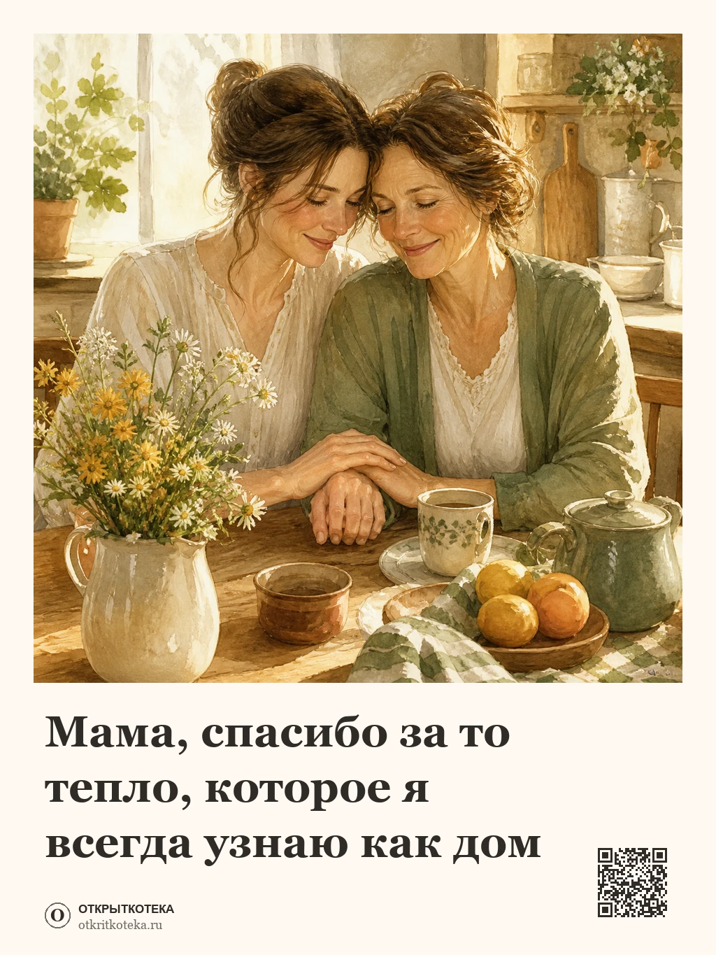 Мама и взрослая дочь сидят за кухонным столом с полевыми цветами