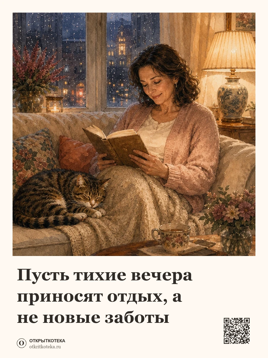 Мама читает книгу рядом со спящим котом в тёплом свете