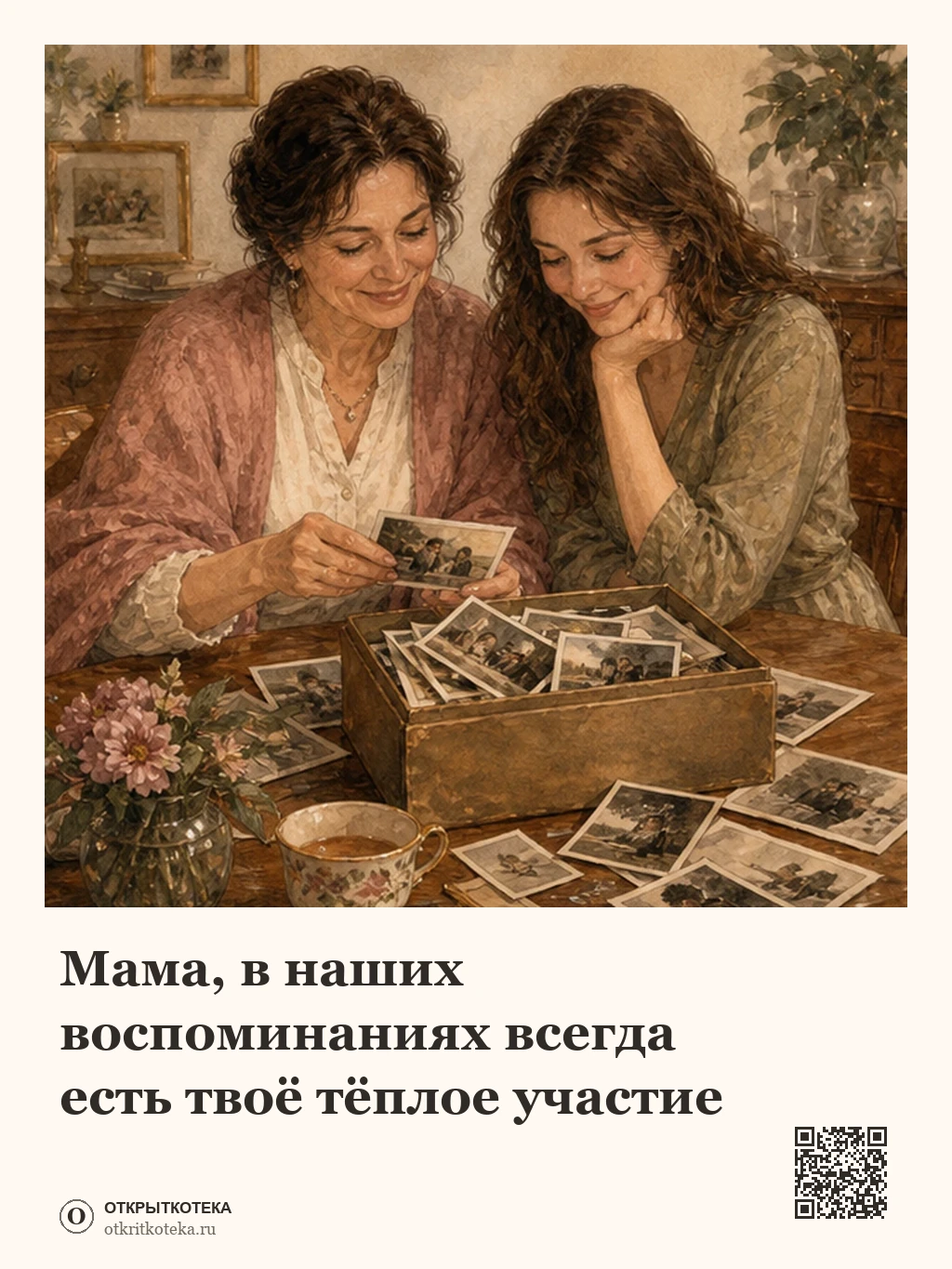 Мама и взрослая дочь рассматривают фотографии из семейного архива