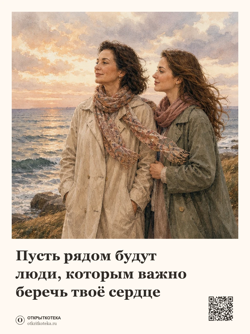 Мама и взрослая дочь стоят у спокойного моря