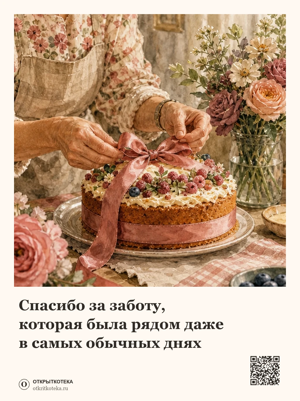 Мамины руки украшают домашний торт лентой