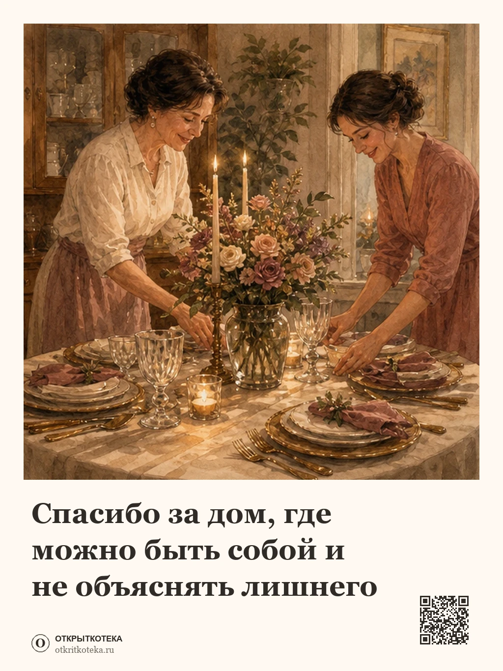Мама и взрослая дочь накрывают семейный стол со свечами