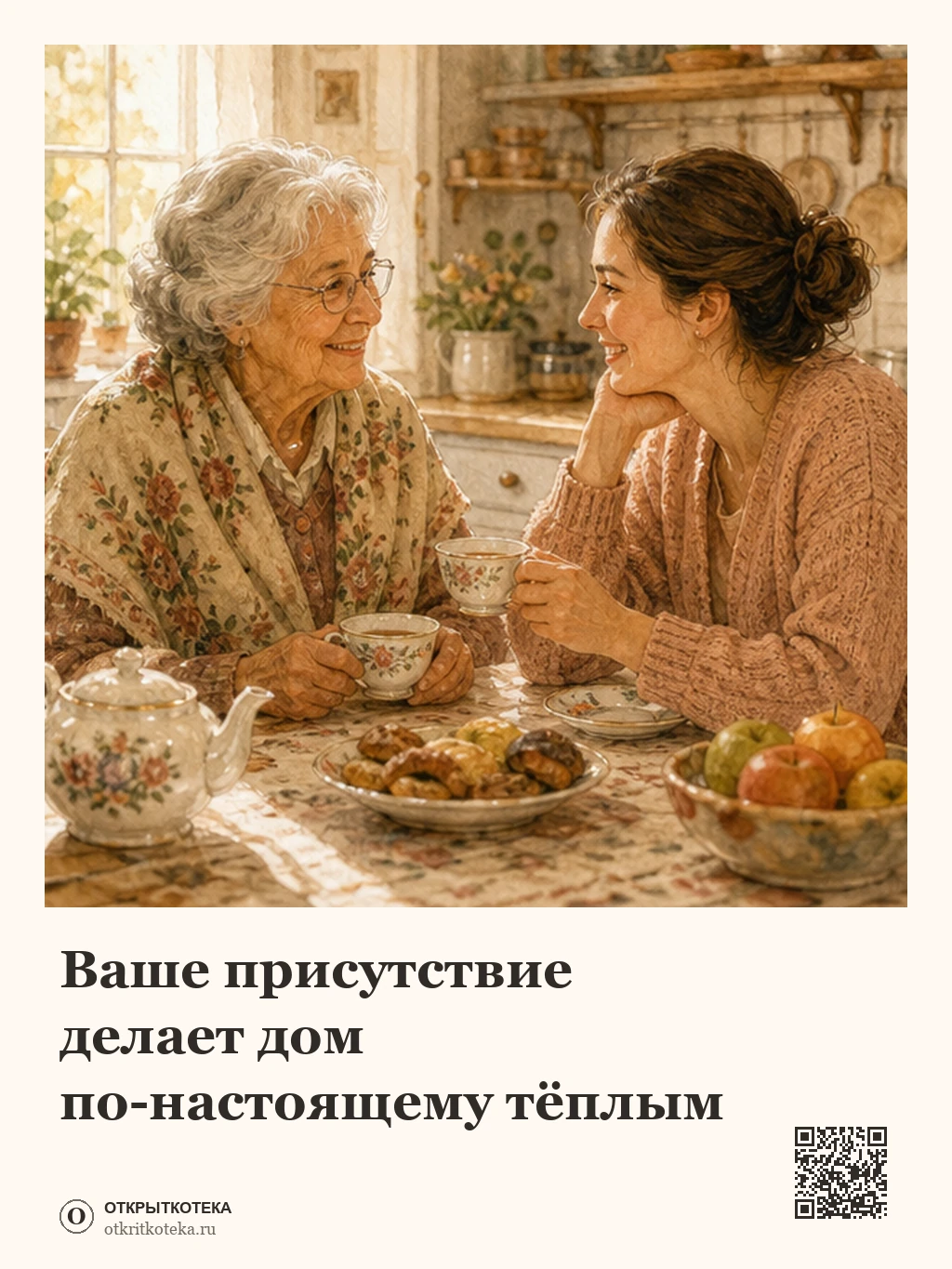 Бабушка и взрослая внучка пьют чай на кухне