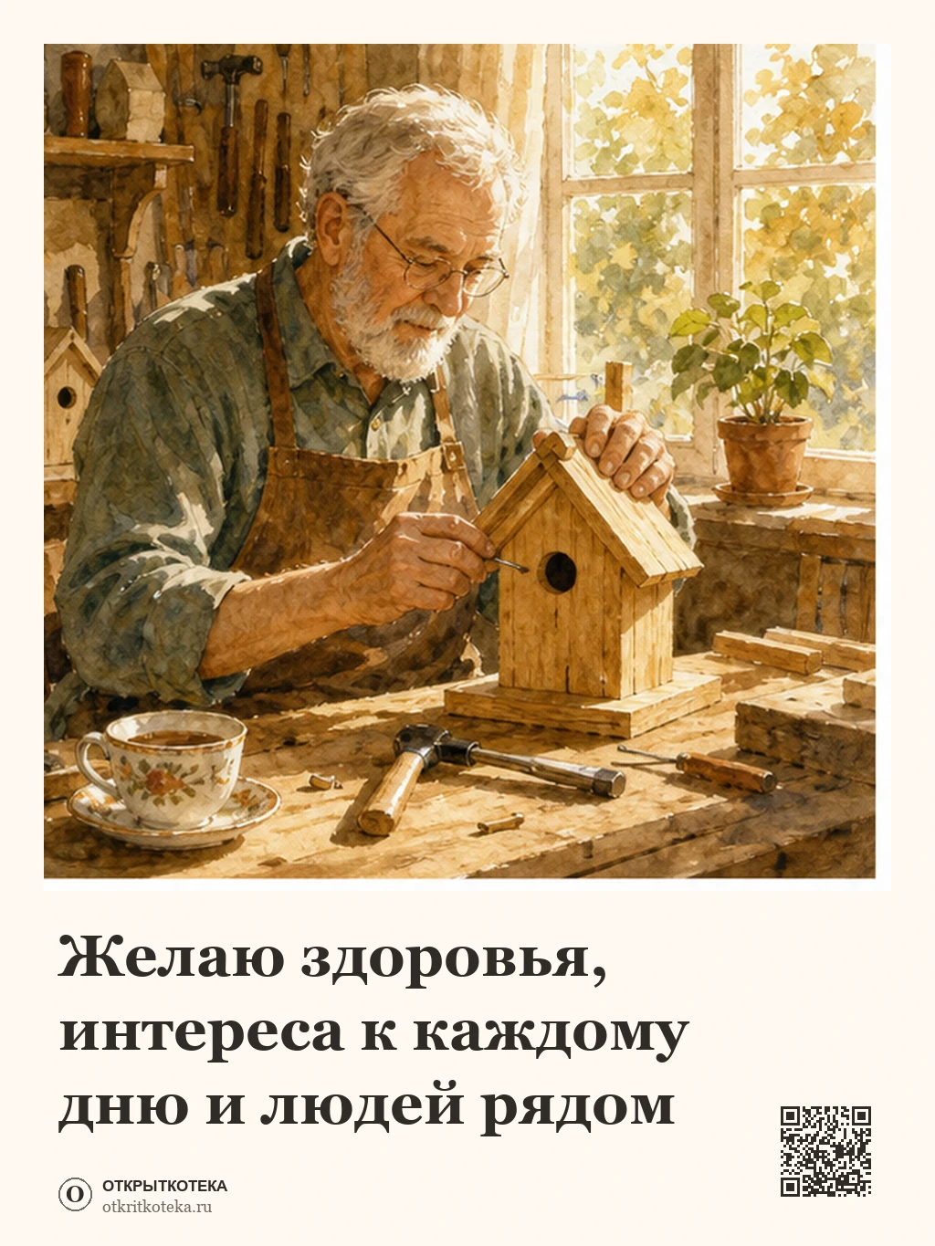 Дедушка мастерит скворечник у солнечного окна