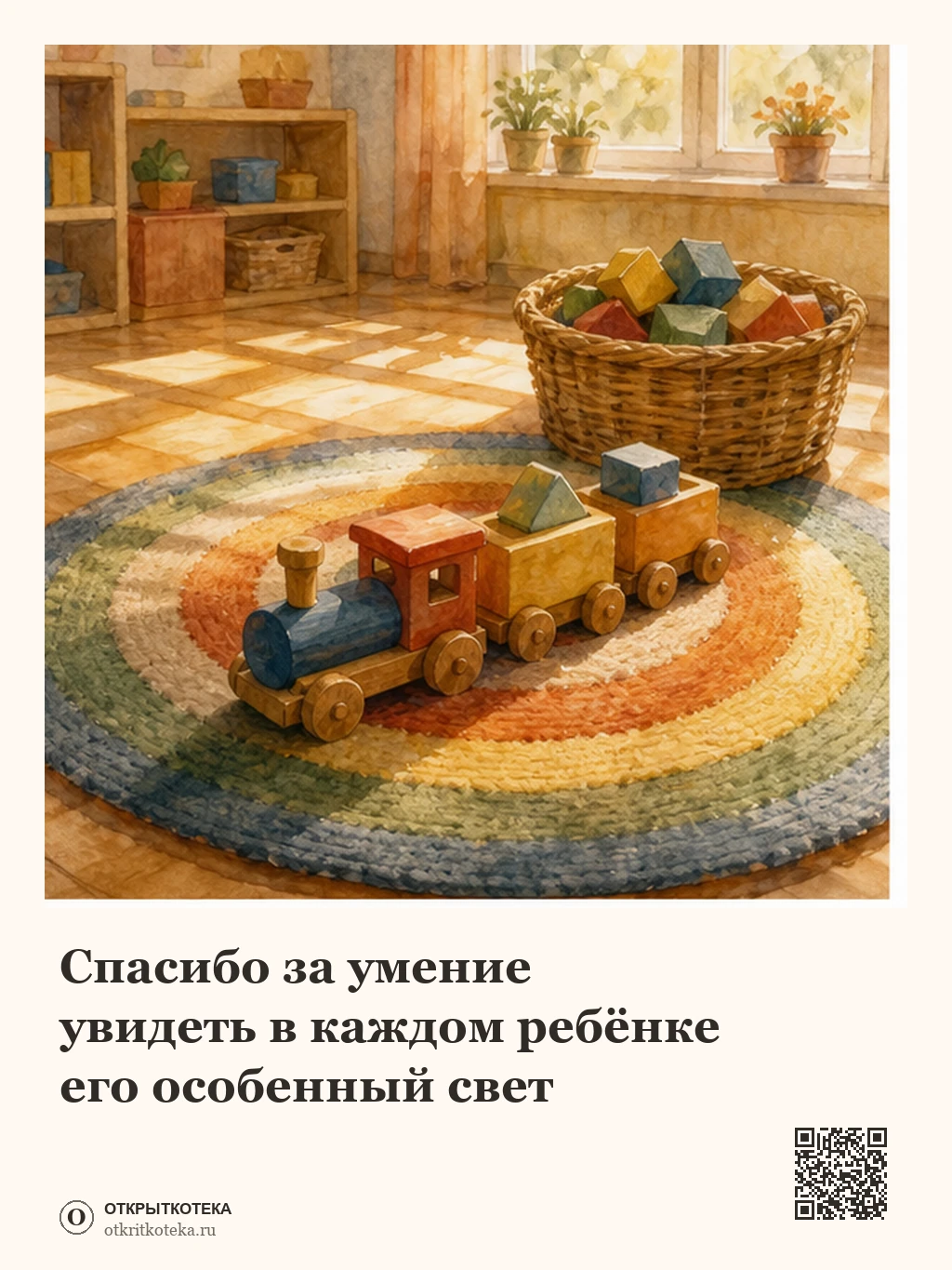 Круглый ковёр, игрушечный поезд и кубики в игровой комнате