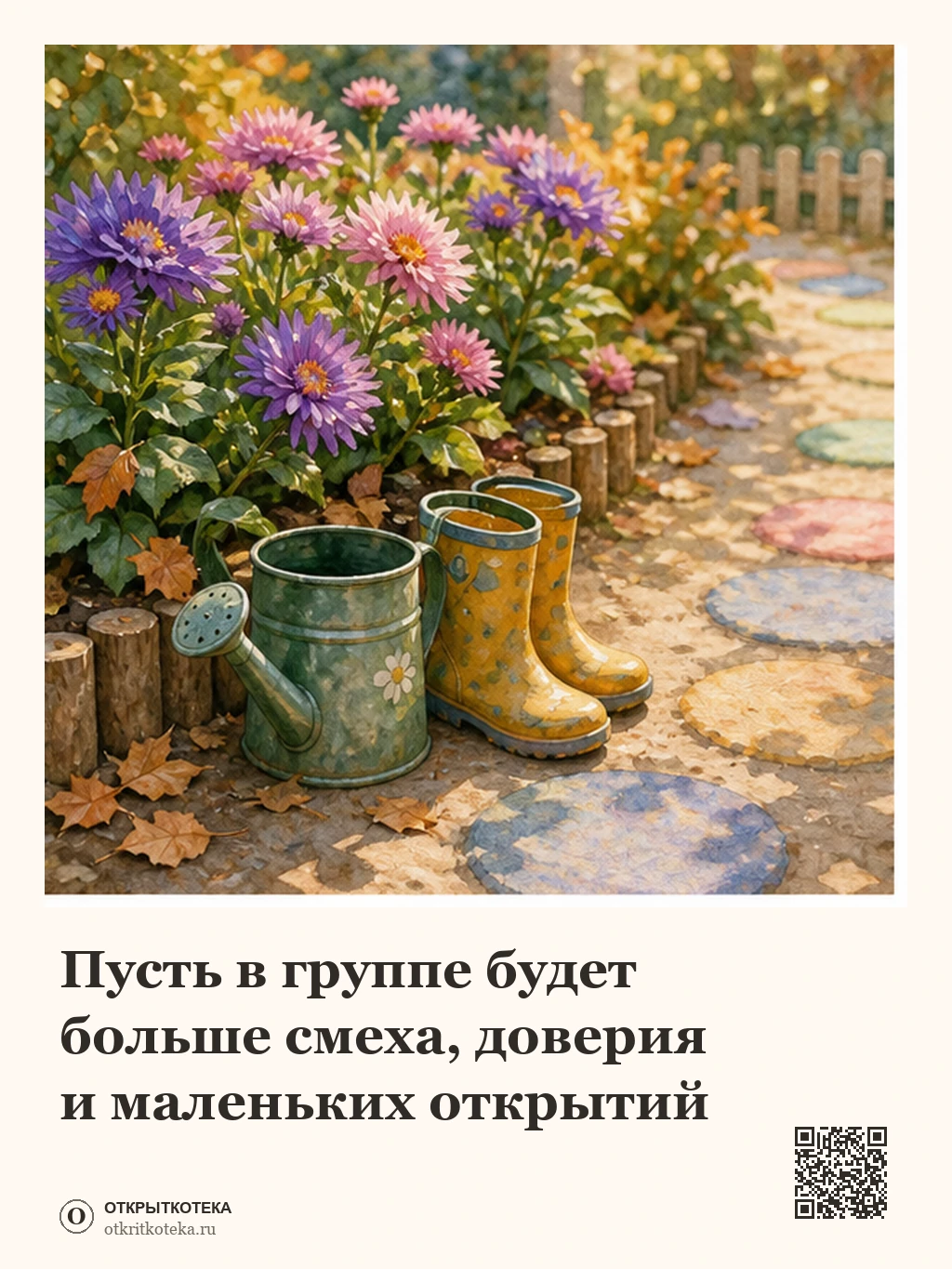 Детские сапожки и лейка в осеннем саду