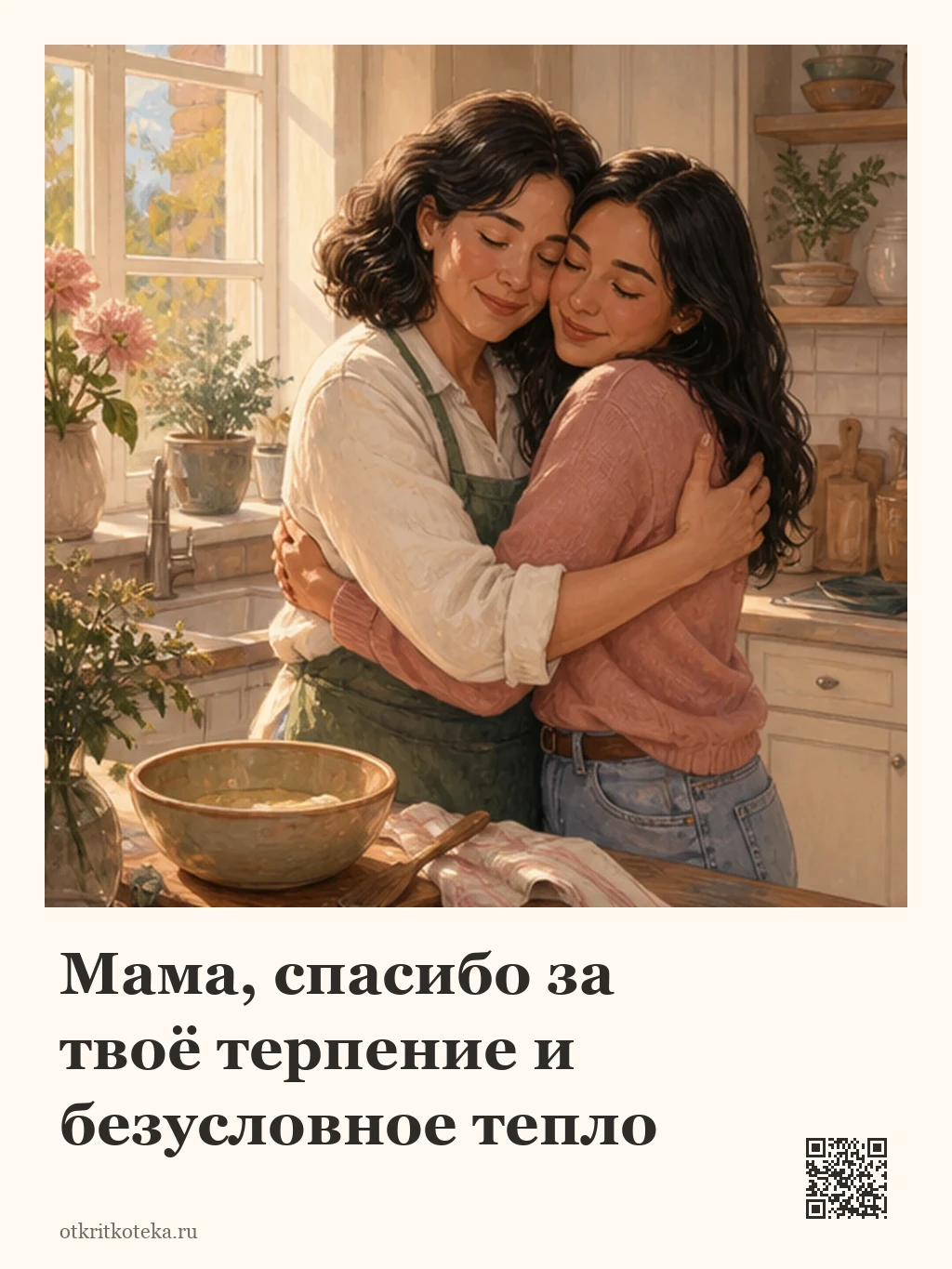 Мама и взрослая дочь обнимаются в светлой кухне
