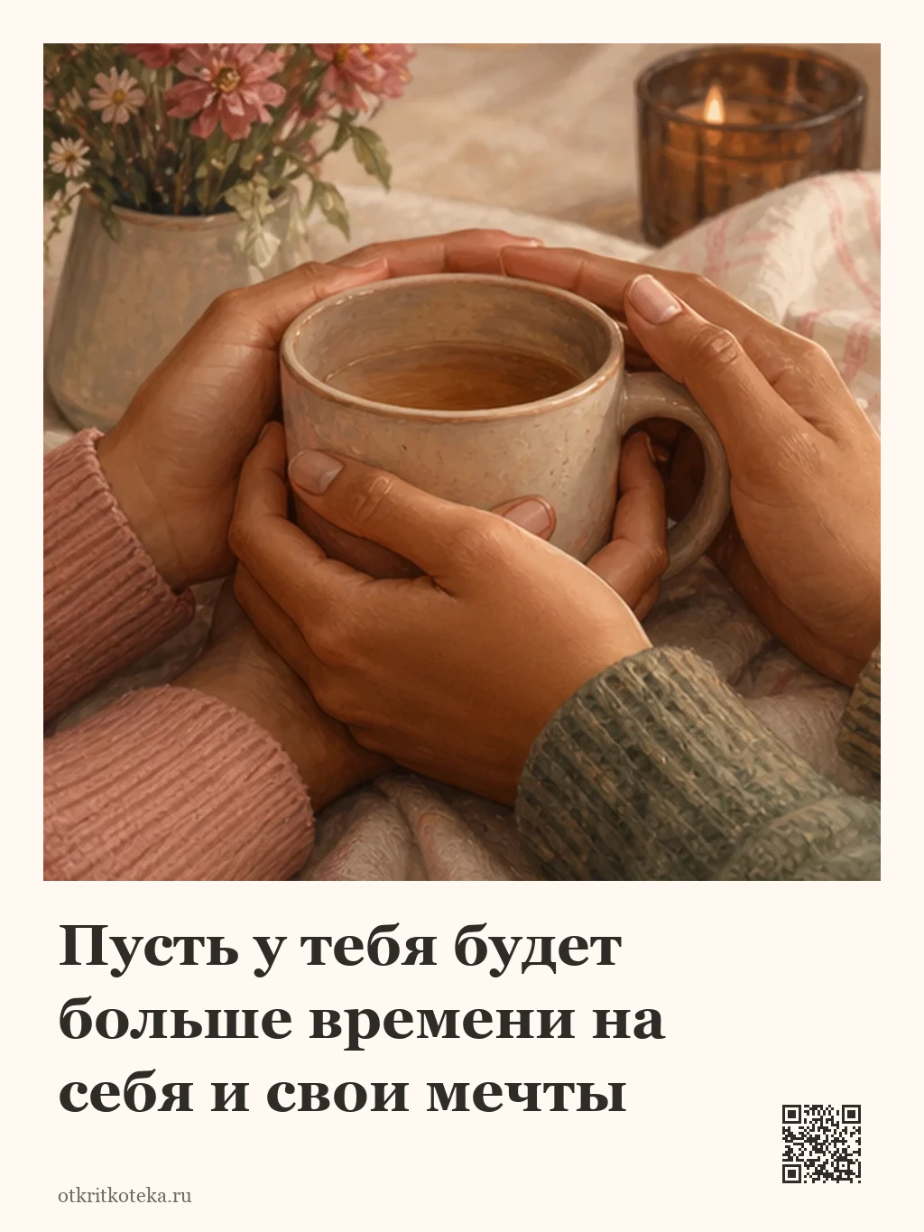 Две пары рук бережно держат тёплую чашку