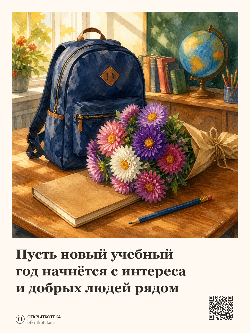 Школьный рюкзак и астры на столе