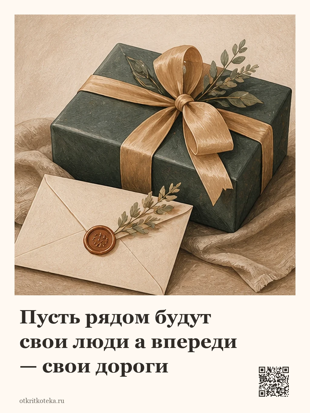 Подарок с золотой лентой и конвертом
