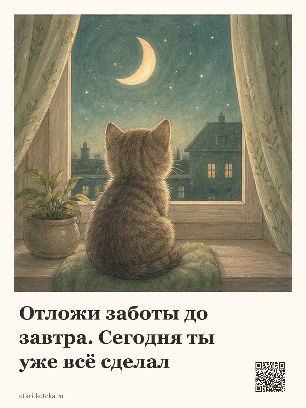 Котёнок смотрит на месяц за ночным окном