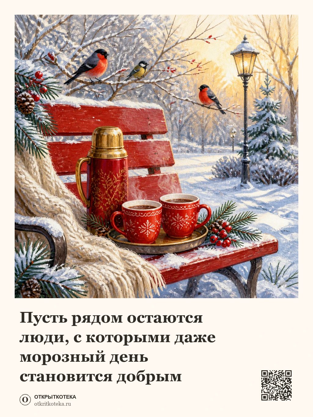 Красная скамейка в заснеженном парке