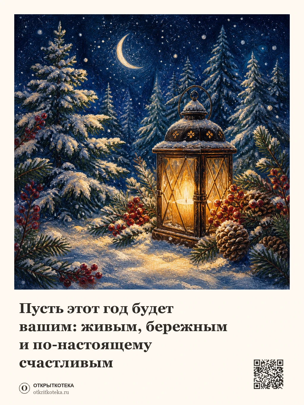 Зимний домик и месяц над лесом