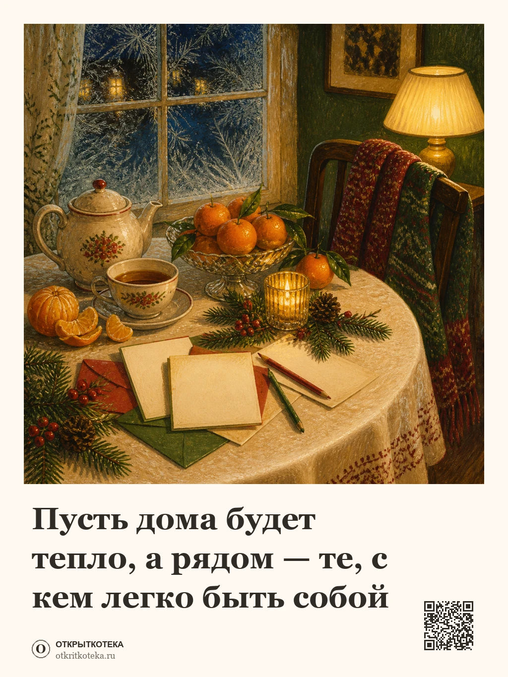 Чай и мандарины на заснеженной скамейке