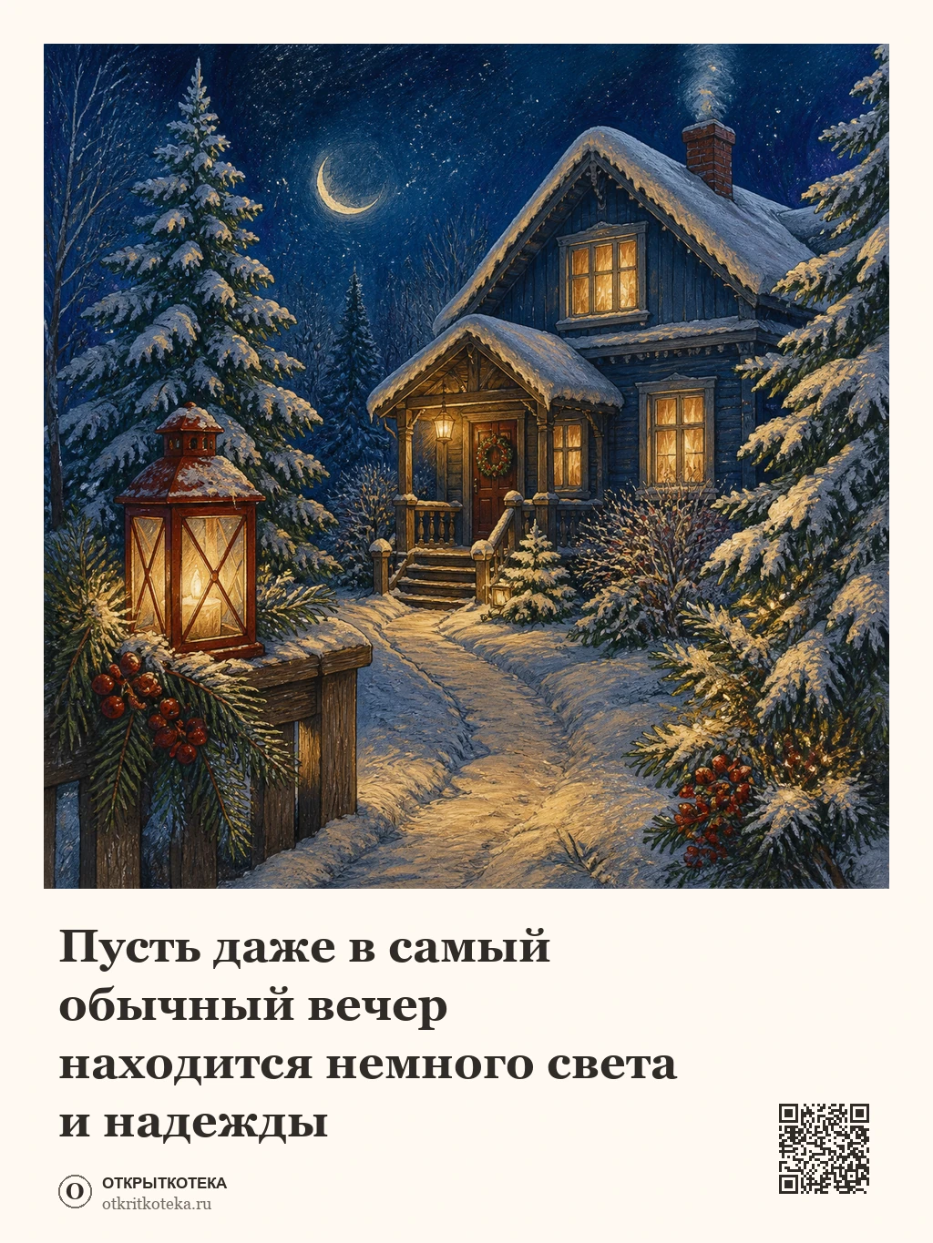 Домик и фонарь в заснеженном лесу